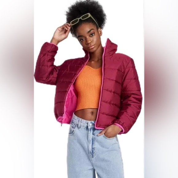 Wild Fable burgundy berry red lining puffer zip up jacket - Picture 1 of 13